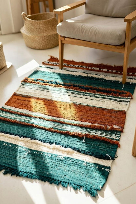Teal Rust Chindi Runner Rug, Cotton Wool Striped Runner, Bohemian Braided Area Rug, Farmhouse Floor Mat, Multicolor Home Décor Carpet