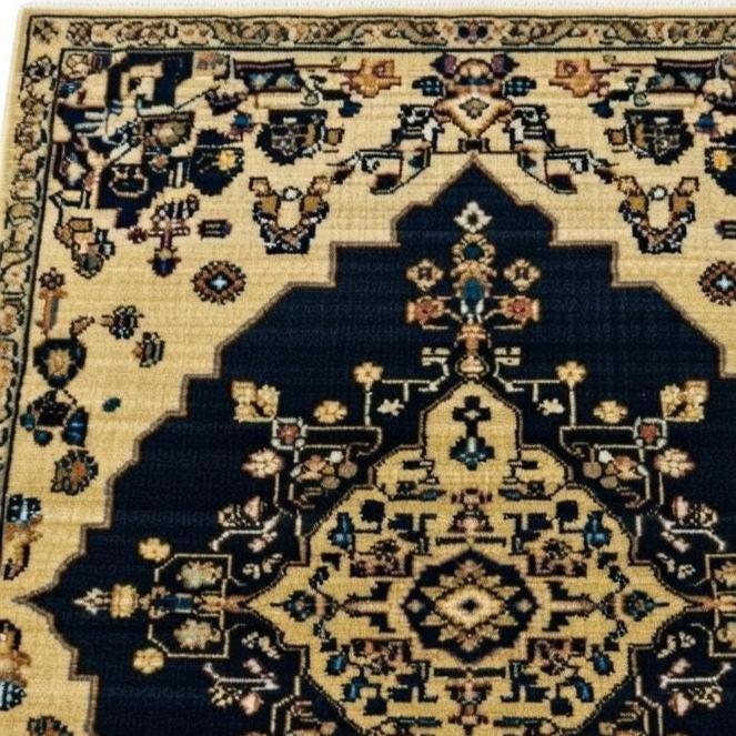 Hand Knotted Wool Area Rug - Vintage Navy Floral Medallion