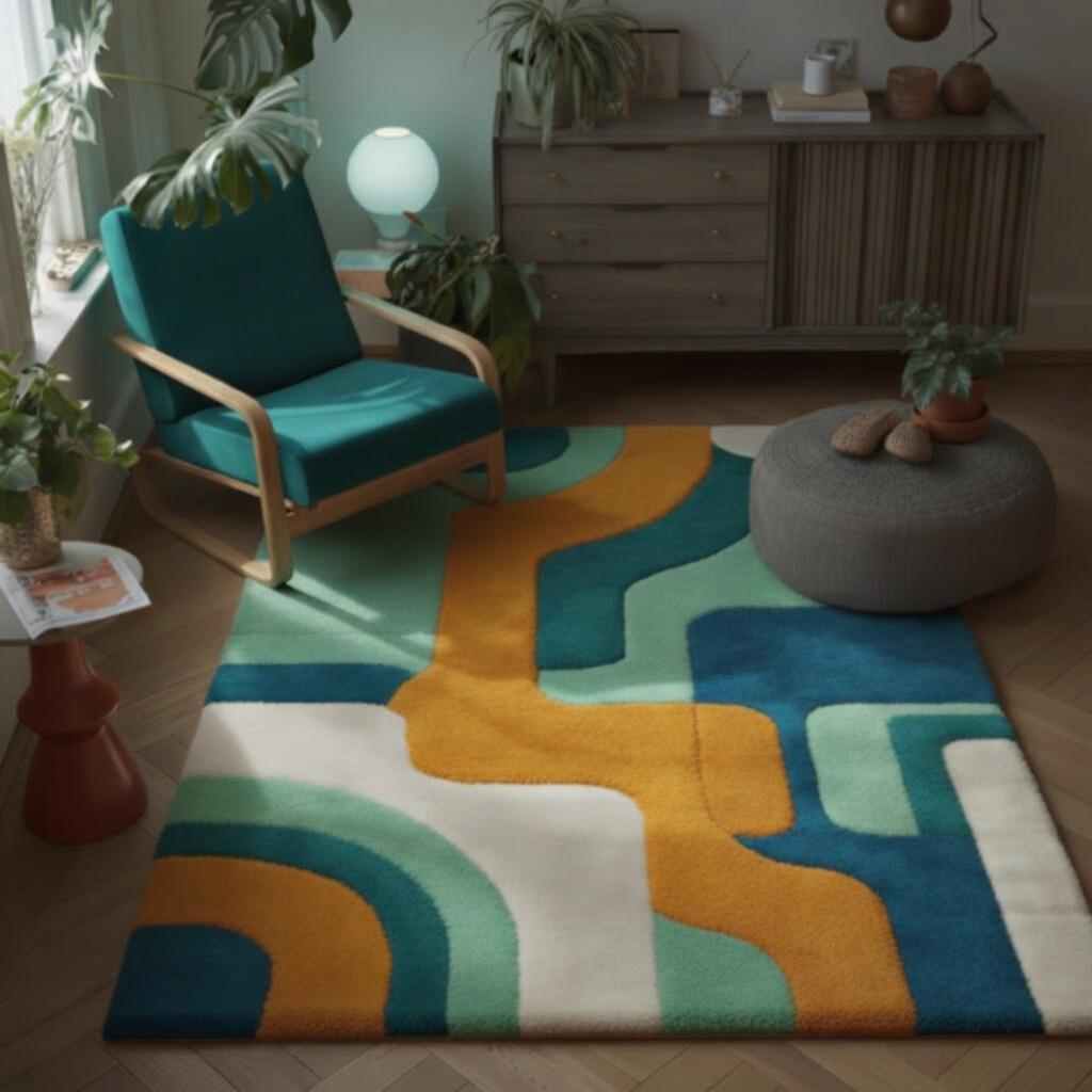 Hand Tufted Abstract Geometric Area Rug – Mid Century Modern Wool Carpet