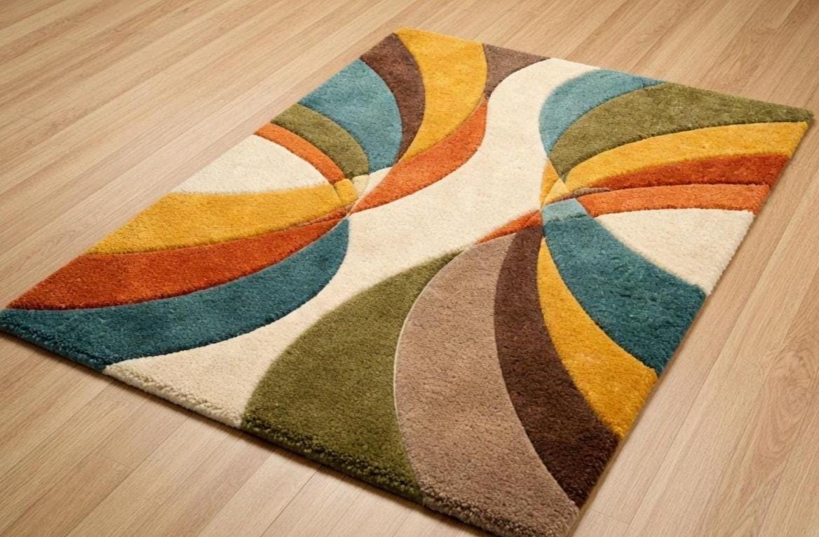 Hand-Tufted Wool Area Rug: Retro Geometric Abstract Living Room Carpet