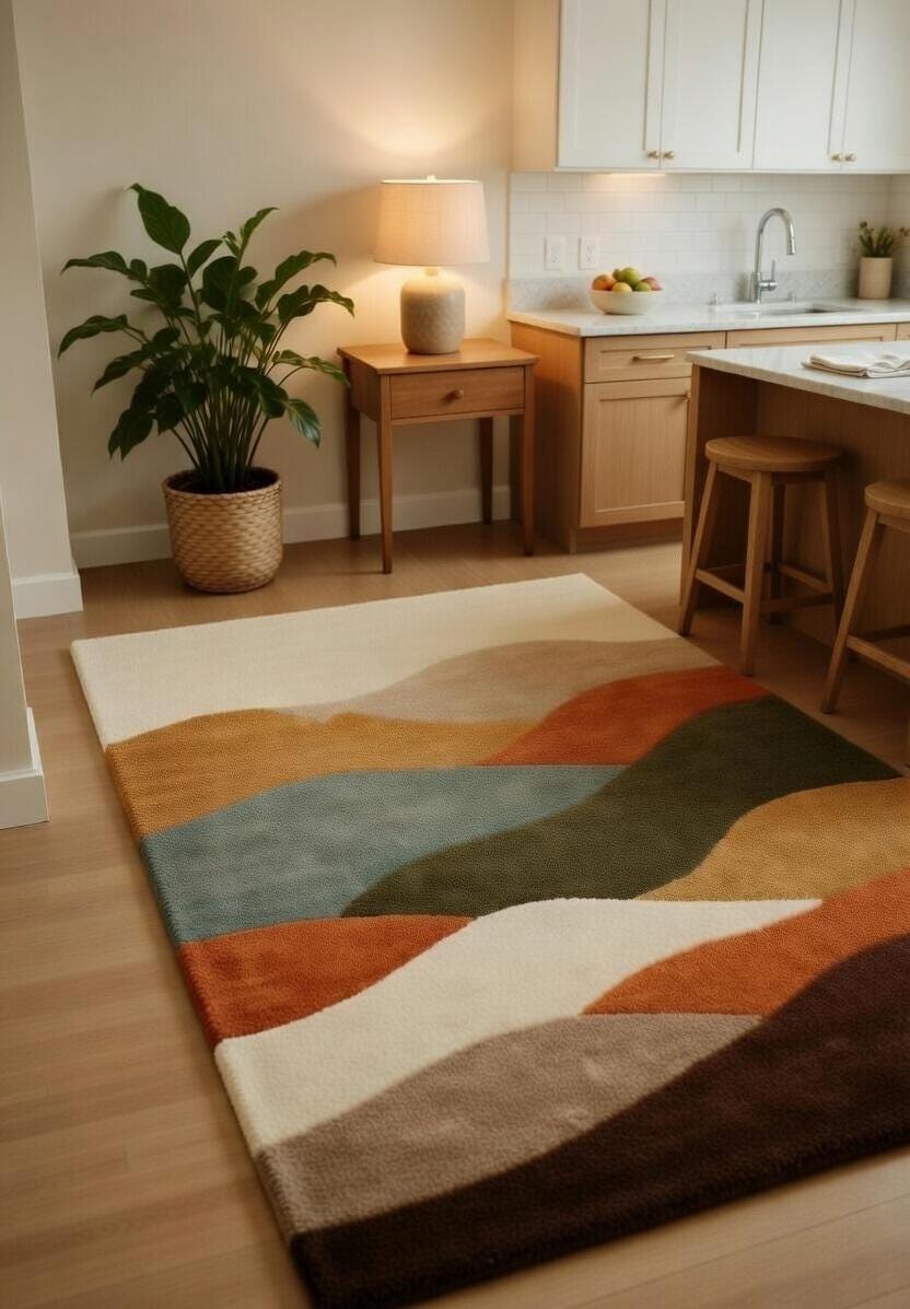 Hand Tufted Abstract Wave Area Rug, Earth Tone Modern Plush Carpet, Soft Thick Pile Living Room Rug, Geometric Scenic Design Décor