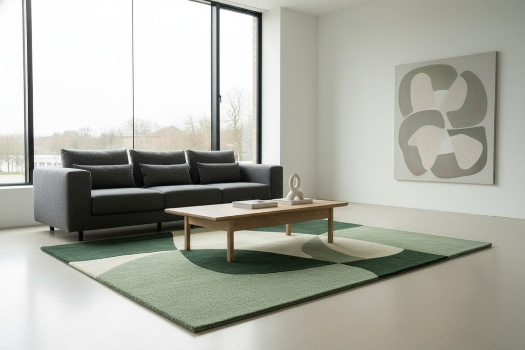 2x2 Ft Hand Tufted Wool Accent Rug in Green Black & White – Minimalist Soft Rug for Reading Nook, Study Corner & Compact Spaces