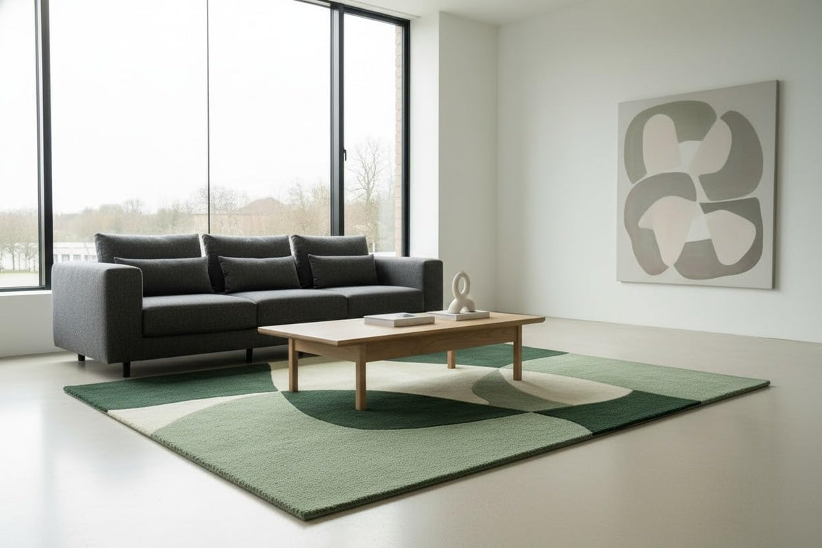2x2 Ft Hand Tufted Wool Accent Rug in Green Black & White – Minimalist Soft Rug for Reading Nook, Study Corner & Compact Spaces