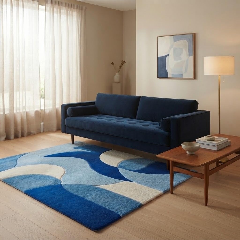 5X7 Feet - Abstract Geometric Wool Area Rug Hand-Tufted Modern Curved Lines Plush Contemporary Carpet for Home Floor Covering
