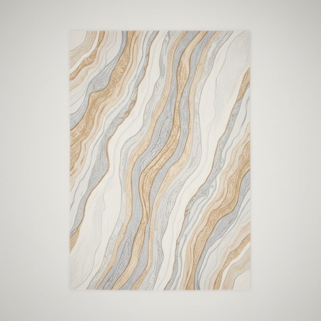 5x8 Feet Hand-Tufted Wool Area Rug Abstract Marble Wave Pattern Modern Neutral Beige Grey Ivory Handmade Contemporary Carpet for Living Room & Home Decor