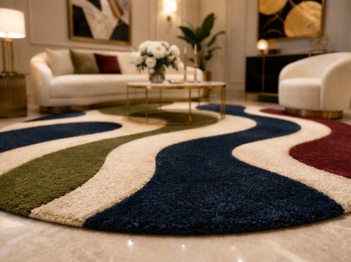 4X4 Feet (Round) - Hand-Tufted Wool Area Rug Wave Stripe Pattern Modern Mid Century Indoor Carpet for Living Room, Bedroom & Home Décor