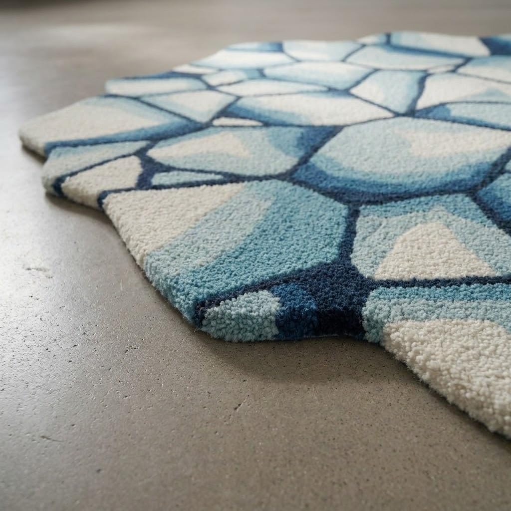 2x2 Feet Modern Abstract Ice Stone Shaped Hand-Tufted Wool Area Rug, Blue & Ivory Irregular Contemporary Artistic Carpet Living Room Lounge Home Decor