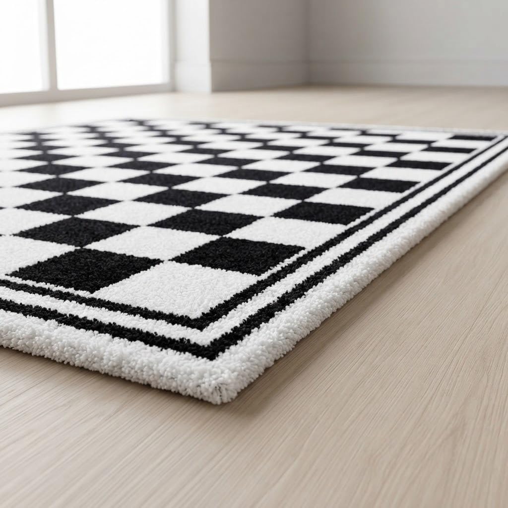 2x2 Feet Hand Tufted Wool Checkered Area Rug, Modern Geometric Pattern Checkerboard Carpet for Living Room, Office & Home Décor