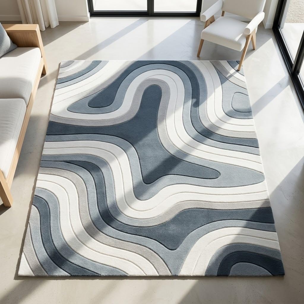 Hand Tufted Mini Wool Accent Rug 2x2 Feet – Multicolor Wave Pattern Soft Plush Carpet | Cozy Reading Nook, Bedside, Entryway & Compact Home Decor Rug