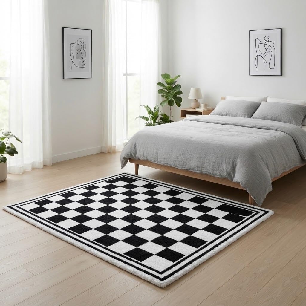 2x2 Feet Hand Tufted Wool Checkered Area Rug, Modern Geometric Pattern Checkerboard Carpet for Living Room, Office & Home Décor