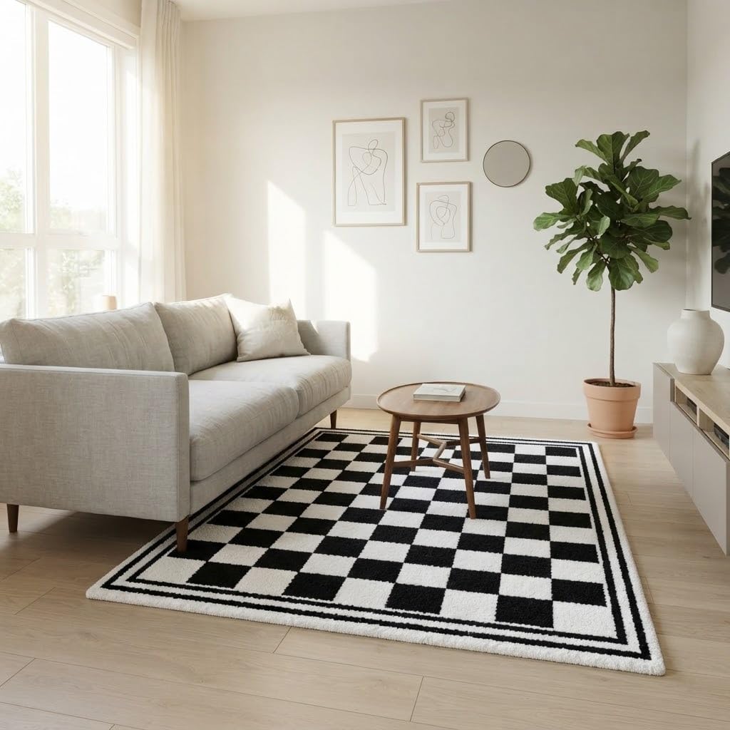 2x2 Feet Hand Tufted Wool Checkered Area Rug, Modern Geometric Pattern Checkerboard Carpet for Living Room, Office & Home Décor