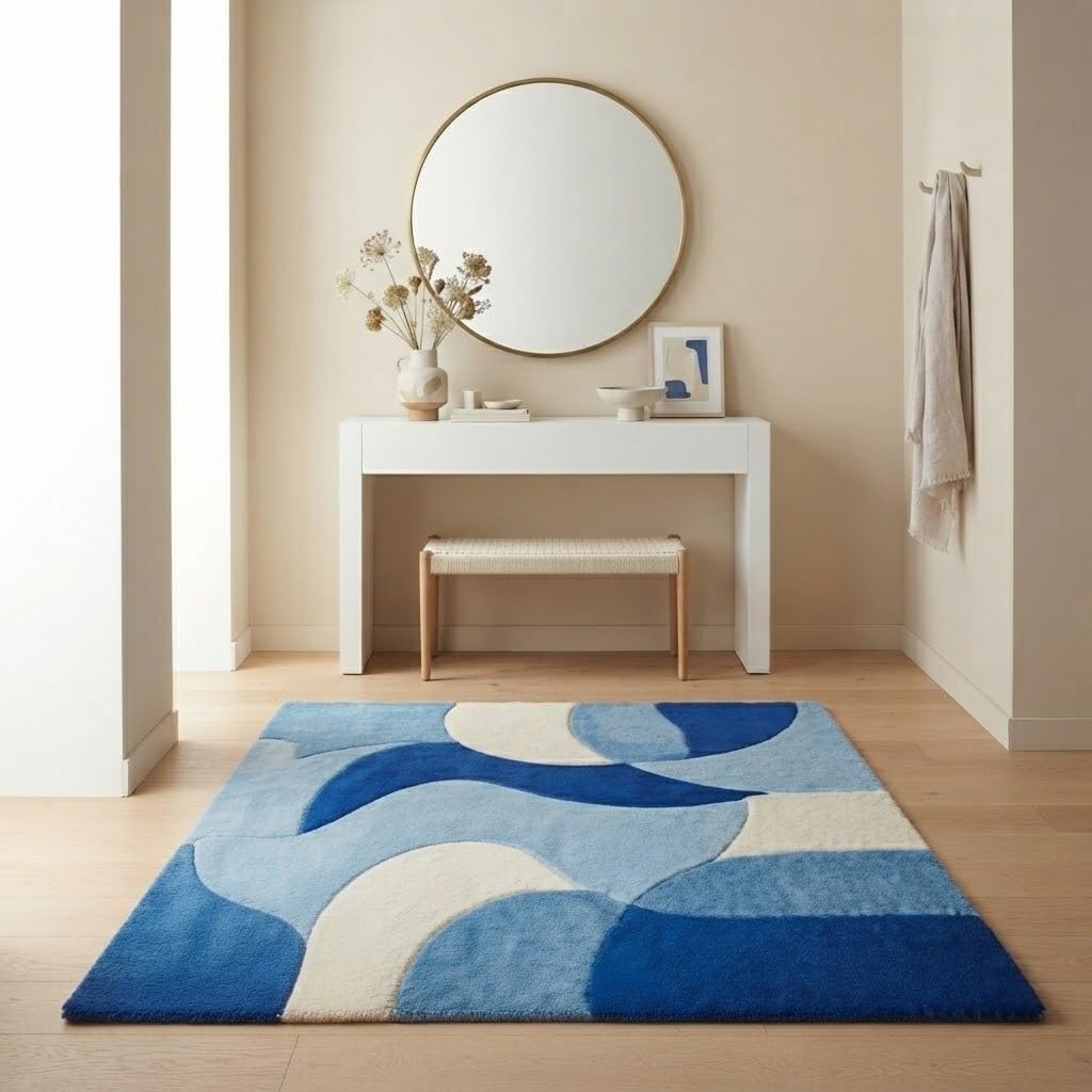 5X7 Feet - Abstract Geometric Wool Area Rug Hand-Tufted Modern Curved Lines Plush Contemporary Carpet for Home Floor Covering