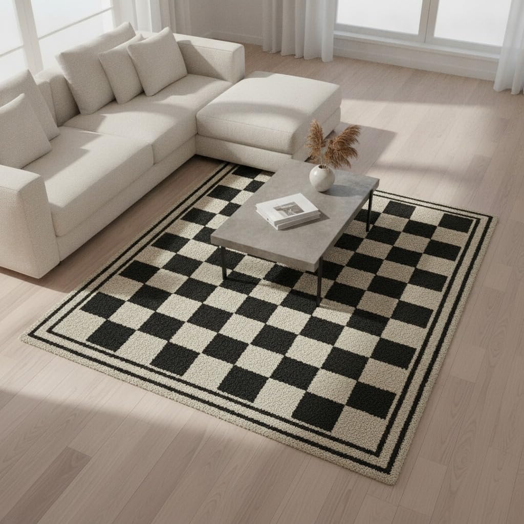 2x2 Feet Hand Tufted Wool Checkered Area Rug, Modern Geometric Pattern Checkerboard Carpet for Living Room, Office & Home Décor
