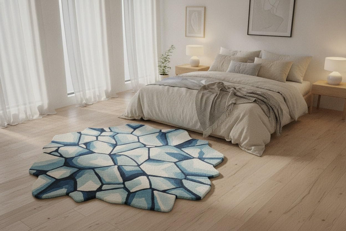 2x2 Feet Modern Abstract Ice Stone Shaped Hand-Tufted Wool Area Rug, Blue & Ivory Irregular Contemporary Artistic Carpet Living Room Lounge Home Decor