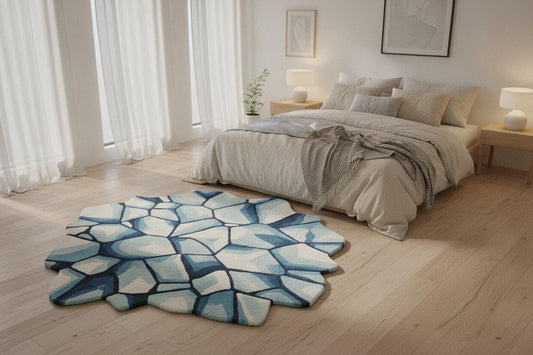 2x2 Feet Modern Abstract Ice Stone Shaped Hand-Tufted Wool Area Rug, Blue & Ivory Irregular Contemporary Artistic Carpet Living Room Lounge Home Decor
