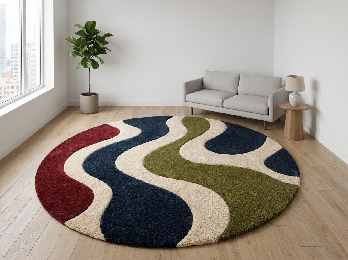4X4 Feet (Round) - Hand-Tufted Wool Area Rug Wave Stripe Pattern Modern Mid Century Indoor Carpet for Living Room, Bedroom & Home Décor
