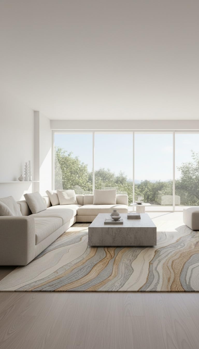 5x8 Feet Hand-Tufted Wool Area Rug Abstract Marble Wave Pattern Modern Neutral Beige Grey Ivory Handmade Contemporary Carpet for Living Room & Home Decor