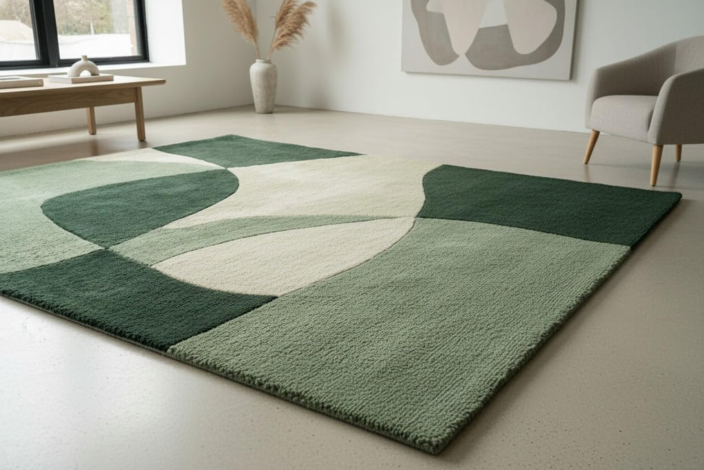 2x2 Ft Hand Tufted Wool Accent Rug in Green Black & White – Minimalist Soft Rug for Reading Nook, Study Corner & Compact Spaces