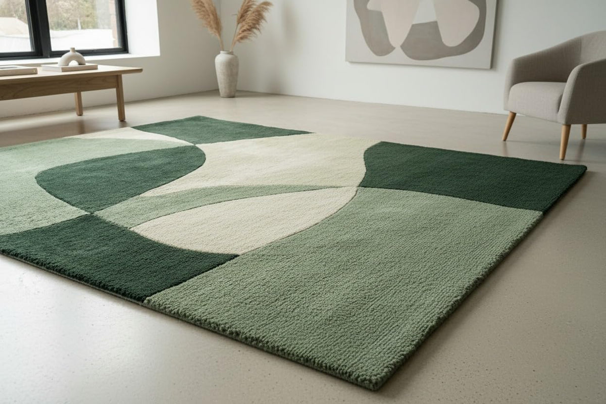 2x2 Ft Hand Tufted Wool Accent Rug in Green Black & White – Minimalist Soft Rug for Reading Nook, Study Corner & Compact Spaces