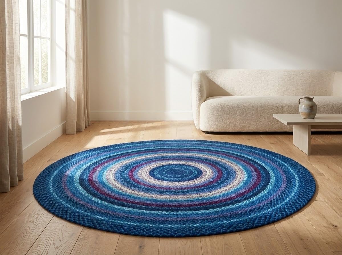 Blue Handwoven Round Area Rug 5x5 Ft Braided Soft Floor Carpet for Bedrooms, Couch Areas, Reading Nooks & Modern Lounges (Ready to Ship)