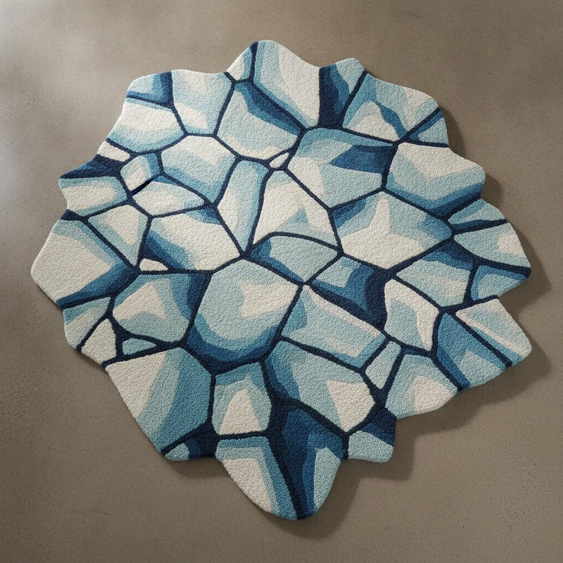 2x2 Feet Modern Abstract Ice Stone Shaped Hand-Tufted Wool Area Rug, Blue & Ivory Irregular Contemporary Artistic Carpet Living Room Lounge Home Decor