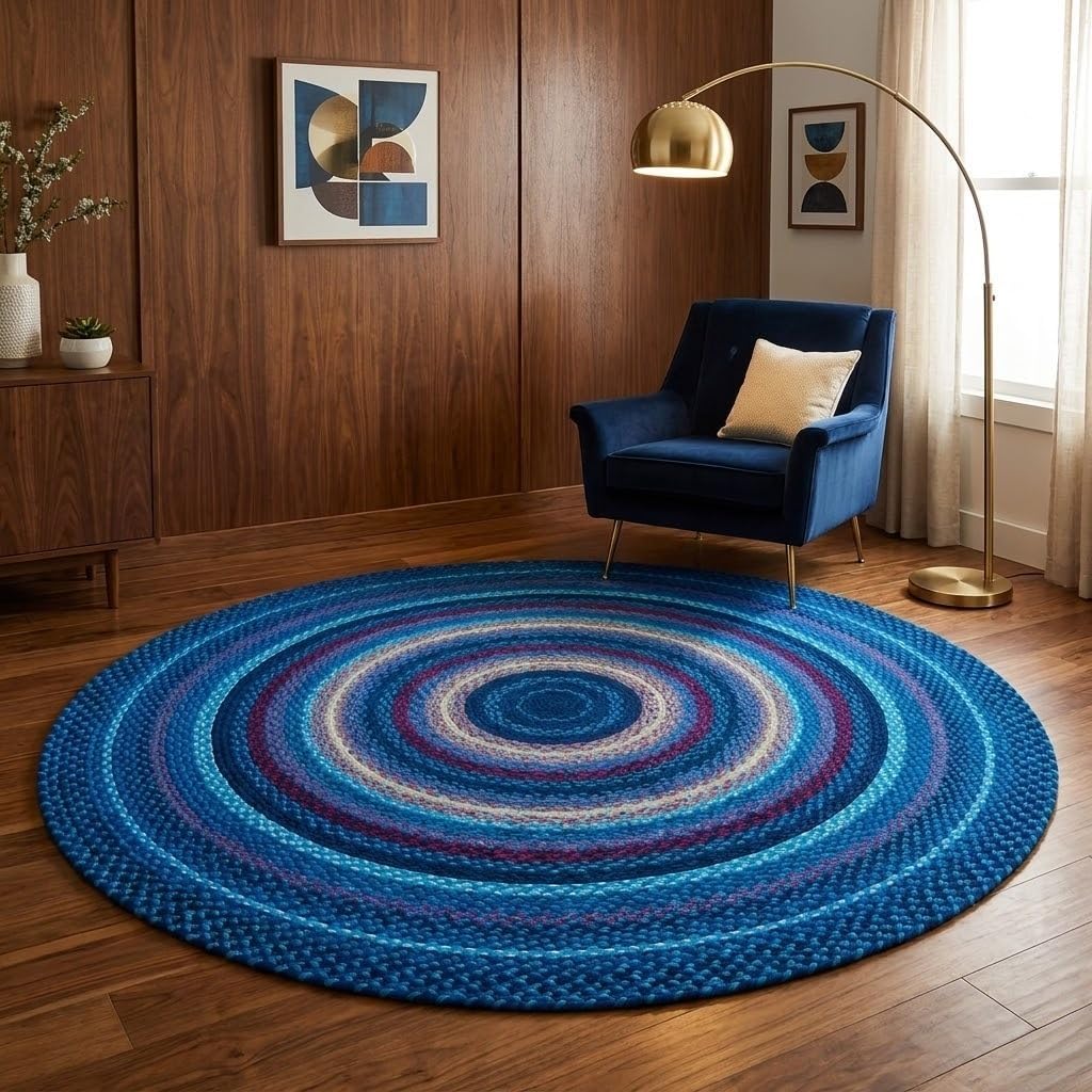 Blue Handwoven Round Area Rug 5x5 Ft Braided Soft Floor Carpet for Bedrooms, Couch Areas, Reading Nooks & Modern Lounges (Ready to Ship)