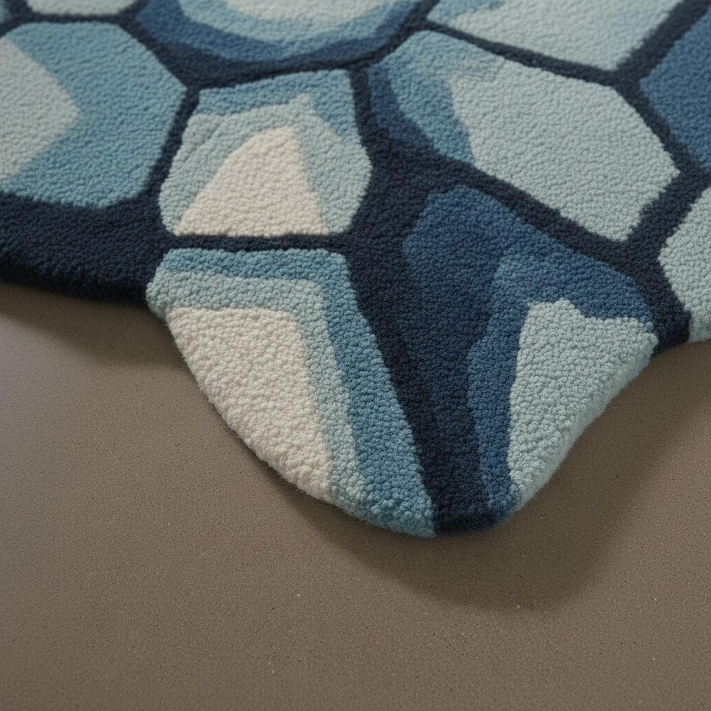 2x2 Feet Modern Abstract Ice Stone Shaped Hand-Tufted Wool Area Rug, Blue & Ivory Irregular Contemporary Artistic Carpet Living Room Lounge Home Decor