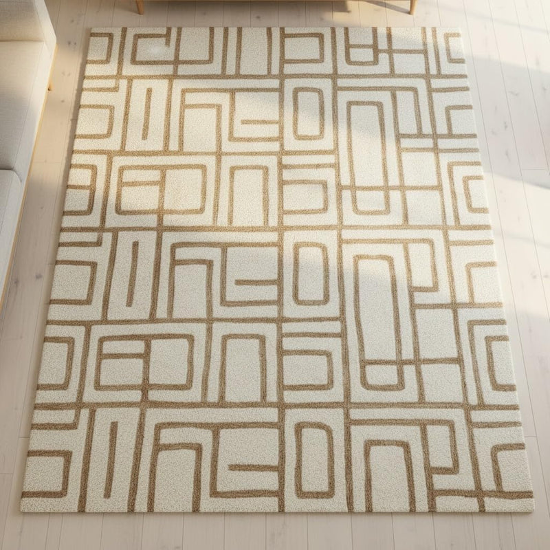Hand Tufted Wool 2x2 Feet Accent Rug in Beige & Brown Abstract Geometric Pattern Soft Cozy Carpet for Reading Nooks, Bedside Corners & Small Lounge Spaces