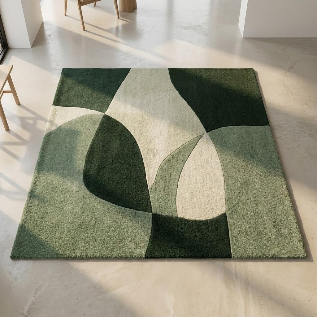 2x2 Ft Hand Tufted Wool Accent Rug in Green Black & White – Minimalist Soft Rug for Reading Nook, Study Corner & Compact Spaces