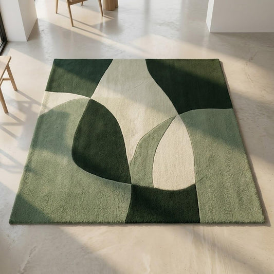 2x2 Ft Hand Tufted Wool Accent Rug in Green Black & White – Minimalist Soft Rug for Reading Nook, Study Corner & Compact Spaces