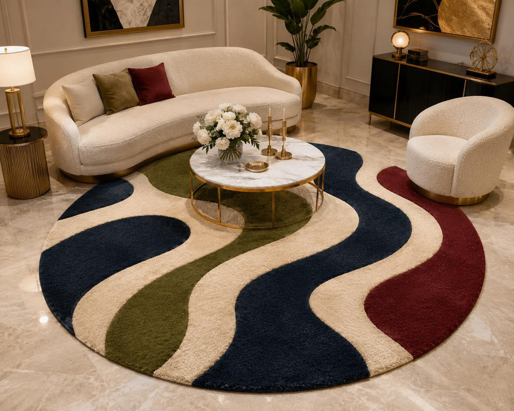4X4 Feet (Round) - Hand-Tufted Wool Area Rug Wave Stripe Pattern Modern Mid Century Indoor Carpet for Living Room, Bedroom & Home Décor