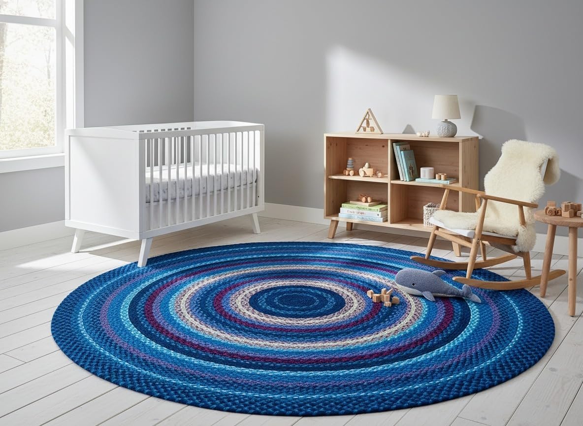 Blue Handwoven Round Area Rug 5x5 Ft Braided Soft Floor Carpet for Bedrooms, Couch Areas, Reading Nooks & Modern Lounges (Ready to Ship)