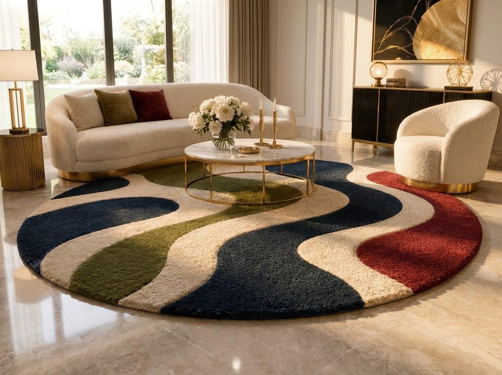 4X4 Feet (Round) - Hand-Tufted Wool Area Rug Wave Stripe Pattern Modern Mid Century Indoor Carpet for Living Room, Bedroom & Home Décor