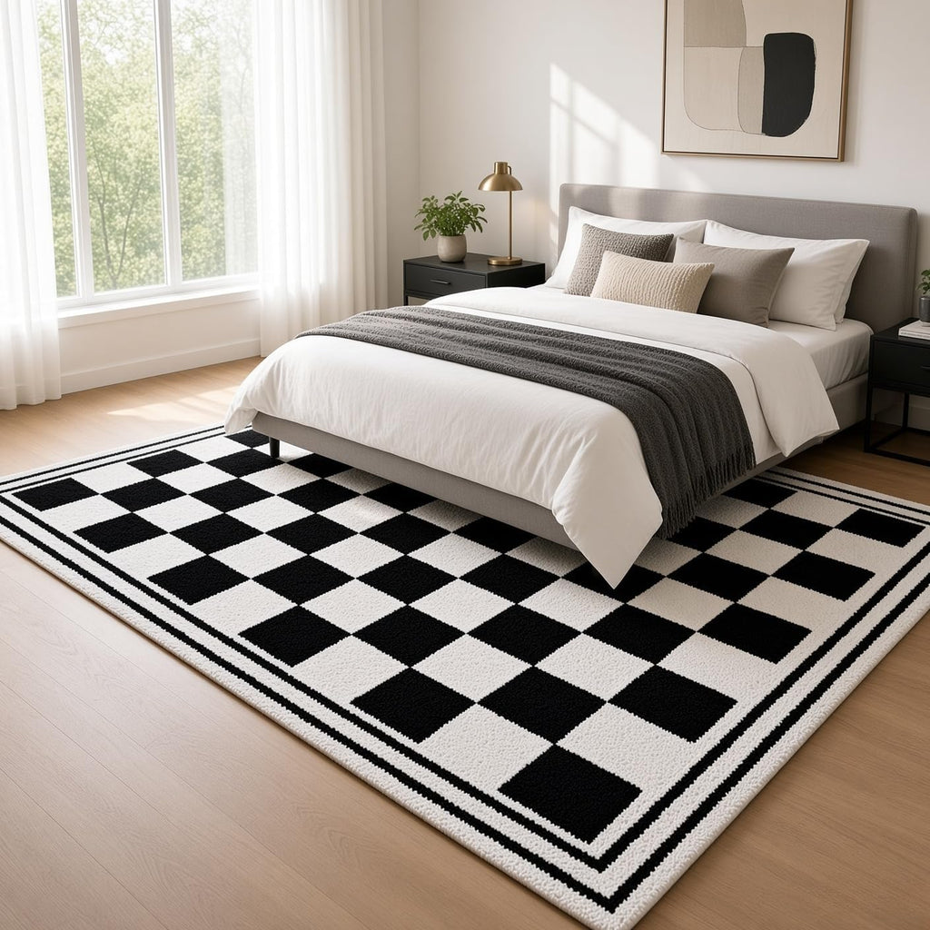 2x2 Feet Hand Tufted Wool Checkered Area Rug, Modern Geometric Pattern Checkerboard Carpet for Living Room, Office & Home Décor