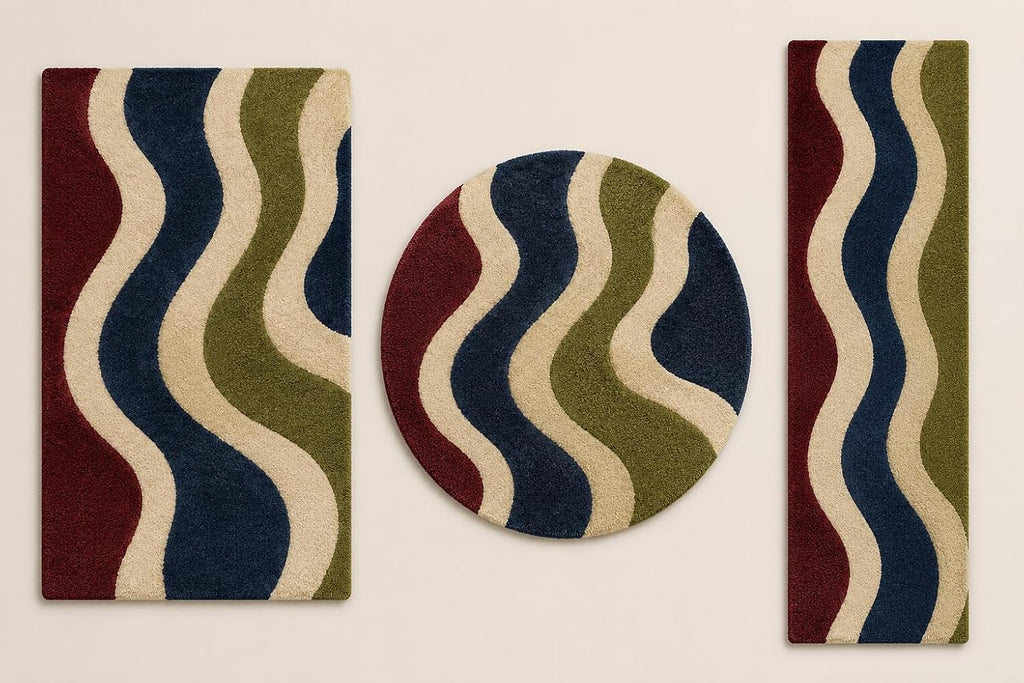 4X4 Feet (Round) - Hand-Tufted Wool Area Rug Wave Stripe Pattern Modern Mid Century Indoor Carpet for Living Room, Bedroom & Home Décor
