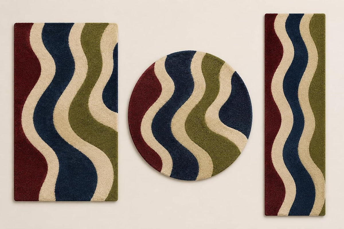 4X4 Feet (Round) - Hand-Tufted Wool Area Rug Wave Stripe Pattern Modern Mid Century Indoor Carpet for Living Room, Bedroom & Home Décor