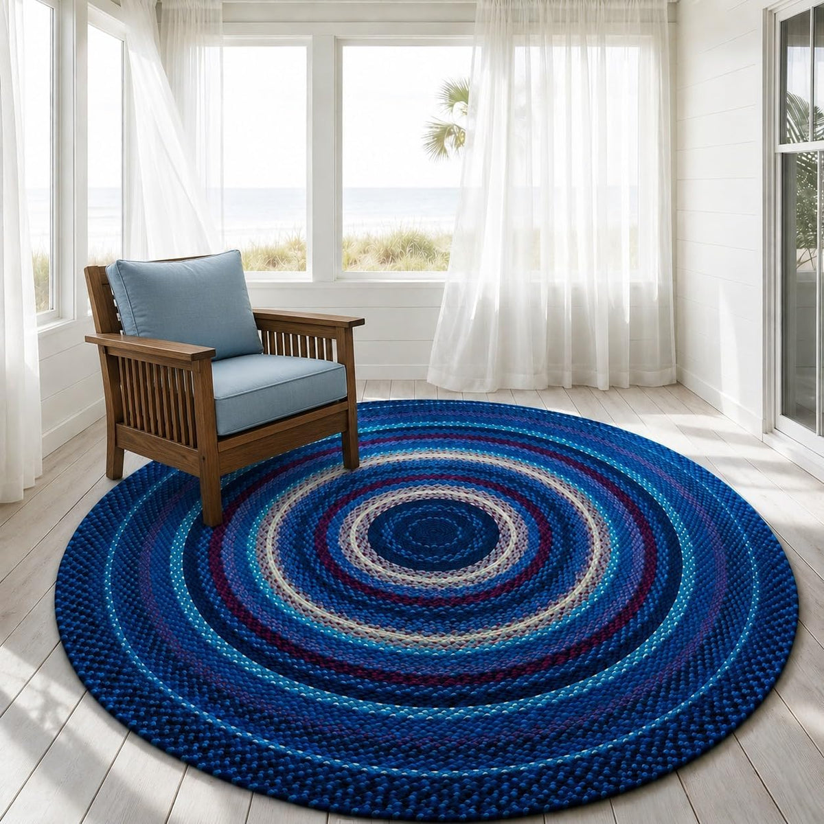 Blue Handwoven Round Area Rug 5x5 Ft Braided Soft Floor Carpet for Bedrooms, Couch Areas, Reading Nooks & Modern Lounges (Ready to Ship)