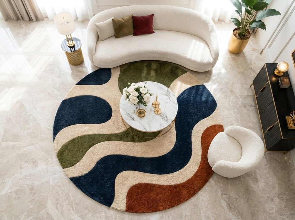 4X4 Feet (Round) - Hand-Tufted Wool Area Rug Wave Stripe Pattern Modern Mid Century Indoor Carpet for Living Room, Bedroom & Home Décor