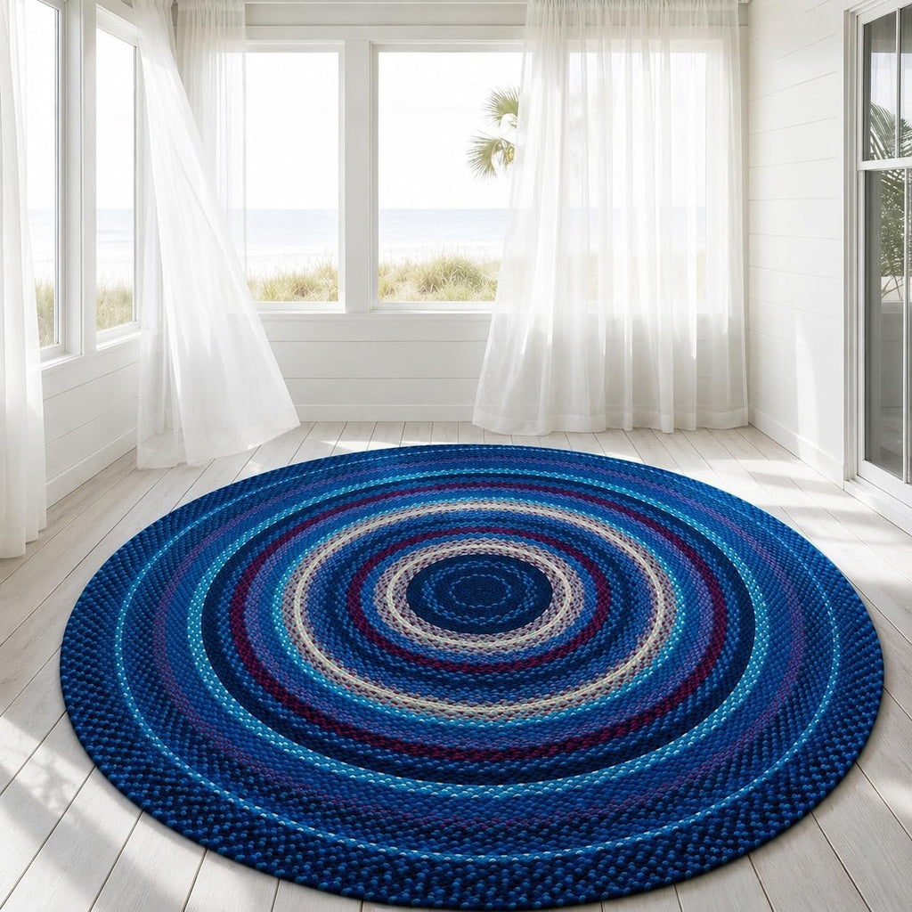 Blue Handwoven Round Area Rug 5x5 Ft Braided Soft Floor Carpet for Bedrooms, Couch Areas, Reading Nooks & Modern Lounges (Ready to Ship)