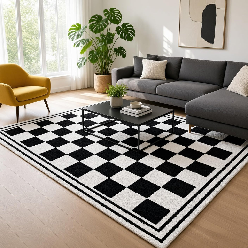 2x2 Feet Hand Tufted Wool Checkered Area Rug, Modern Geometric Pattern Checkerboard Carpet for Living Room, Office & Home Décor