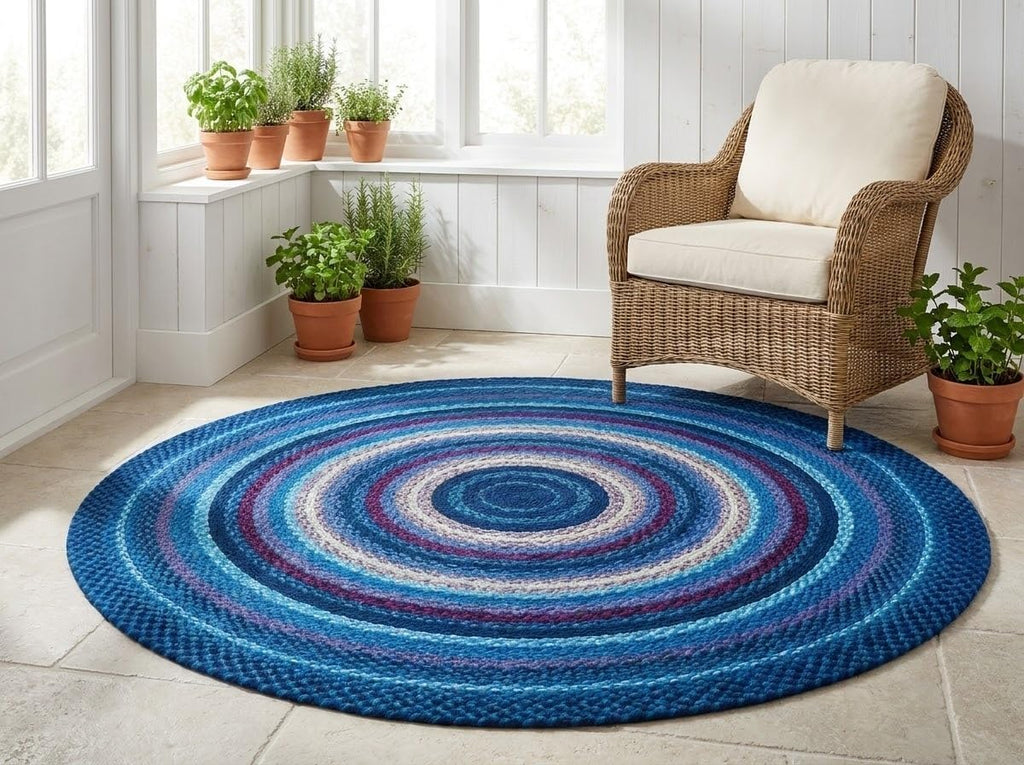 Blue Handwoven Round Area Rug 5x5 Ft Braided Soft Floor Carpet for Bedrooms, Couch Areas, Reading Nooks & Modern Lounges (Ready to Ship)