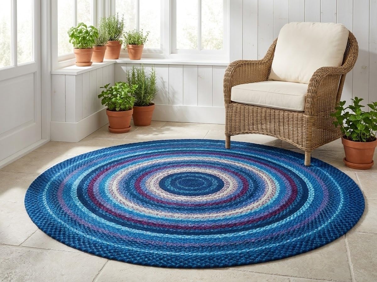 Blue Handwoven Round Area Rug 5x5 Ft Braided Soft Floor Carpet for Bedrooms, Couch Areas, Reading Nooks & Modern Lounges (Ready to Ship)
