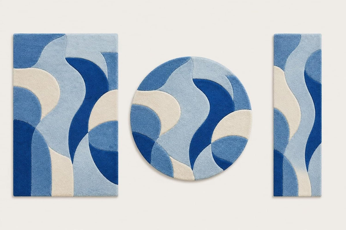 5X7 Feet - Abstract Geometric Wool Area Rug Hand-Tufted Modern Curved Lines Plush Contemporary Carpet for Home Floor Covering