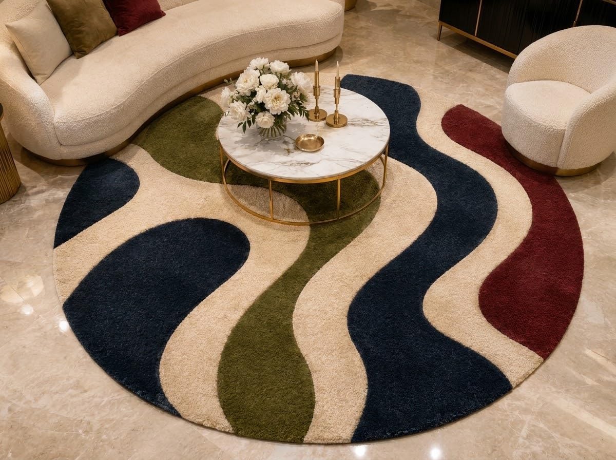 4X4 Feet (Round) - Hand-Tufted Wool Area Rug Wave Stripe Pattern Modern Mid Century Indoor Carpet for Living Room, Bedroom & Home Décor