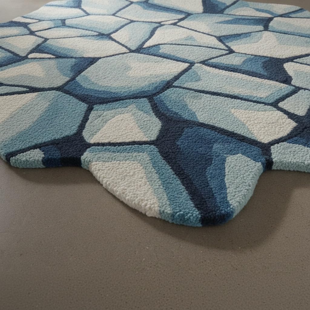 2x2 Feet Modern Abstract Ice Stone Shaped Hand-Tufted Wool Area Rug, Blue & Ivory Irregular Contemporary Artistic Carpet Living Room Lounge Home Decor