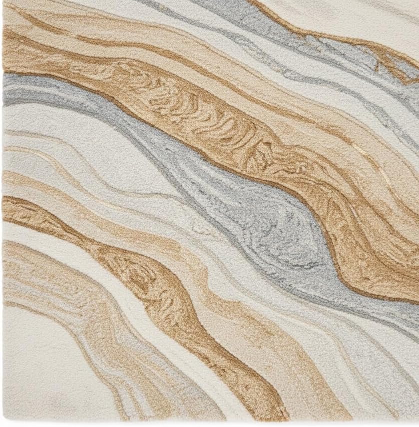 5x8 Feet Hand-Tufted Wool Area Rug Abstract Marble Wave Pattern Modern Neutral Beige Grey Ivory Handmade Contemporary Carpet for Living Room & Home Decor