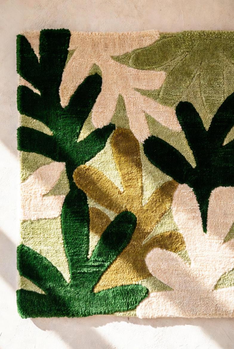 Hand Woven Botanical Rug, Green Leaf Floral, Contemporary Decor