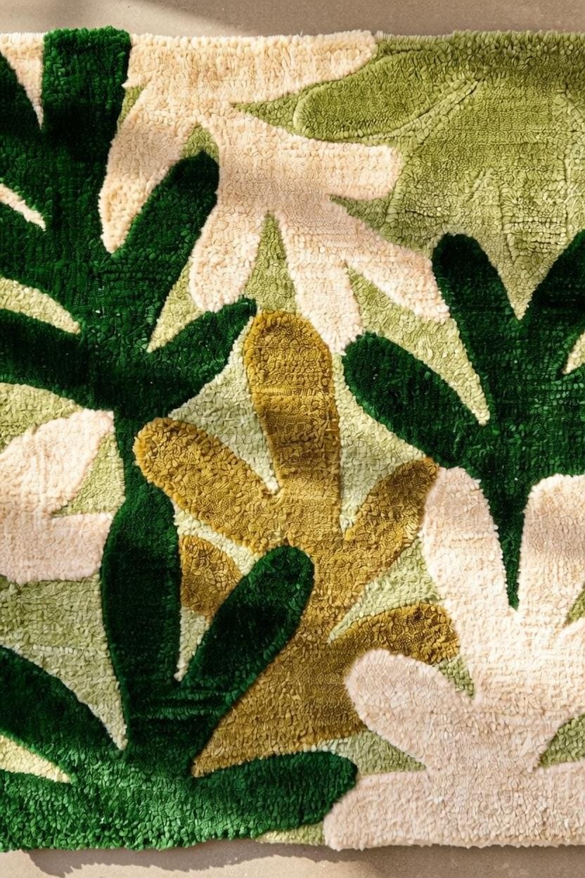 Hand Woven Botanical Rug, Green Leaf Floral, Contemporary Decor