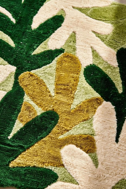 Hand Woven Botanical Rug, Green Leaf Floral, Contemporary Decor