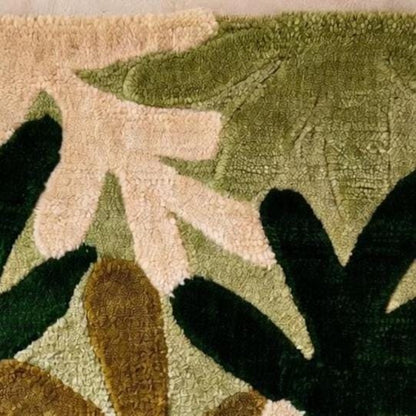 Hand Woven Botanical Rug, Green Leaf Floral, Contemporary Decor